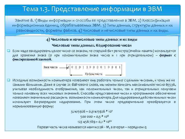 Тема 1. 3. Представление информации в ЭВМ Занятие 8. 1) Виды информации и способы