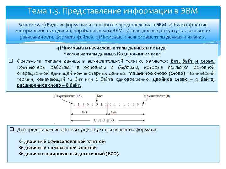 Тема 1. 3. Представление информации в ЭВМ Занятие 8. 1) Виды информации и способы