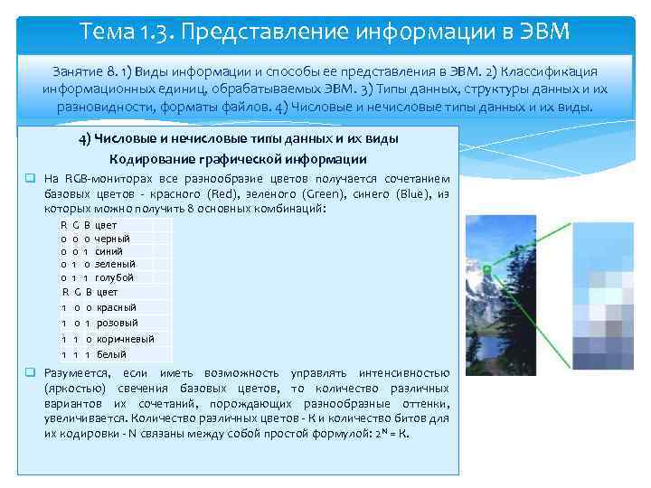 Тема 1. 3. Представление информации в ЭВМ Занятие 8. 1) Виды информации и способы