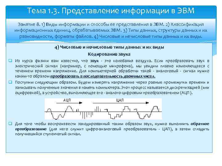 Тема 1. 3. Представление информации в ЭВМ Занятие 8. 1) Виды информации и способы