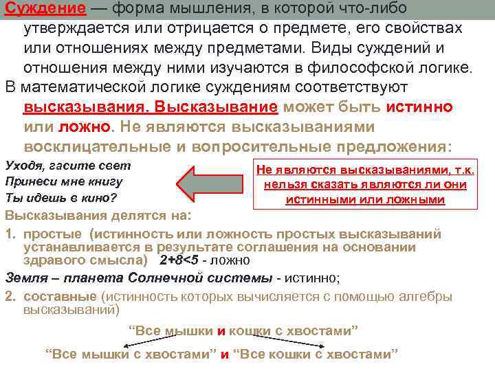 Суждение — форма мышления, в которой что-либо утверждается или отрицается о предмете, его свойствах