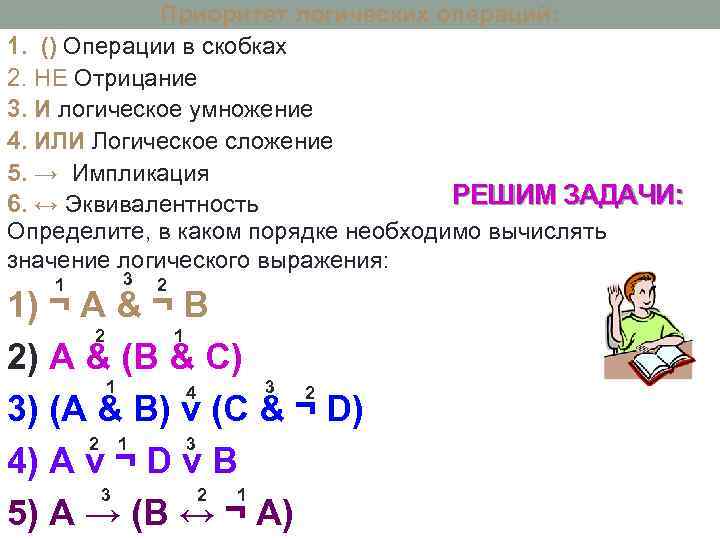 Приоритет логических операций: 1. () Операции в скобках 2. НЕ Отрицание 3. И логическое
