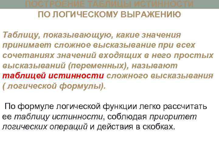 ПОСТРОЕНИЕ ТАБЛИЦЫ ИСТИННОСТИ ПО ЛОГИЧЕСКОМУ ВЫРАЖЕНИЮ Таблицу, показывающую, какие значения принимает сложное высказывание при