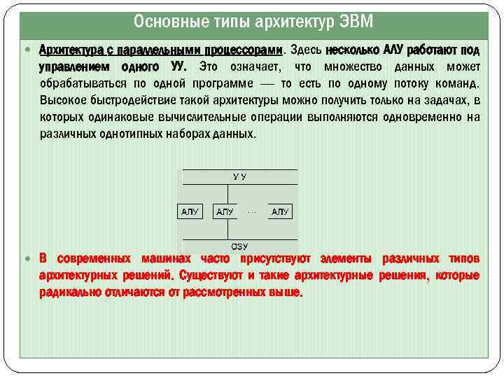 Основные типы архитектур ЭВМ Архитектура с параллельными процессорами. Здесь несколько АЛУ работают под управлением