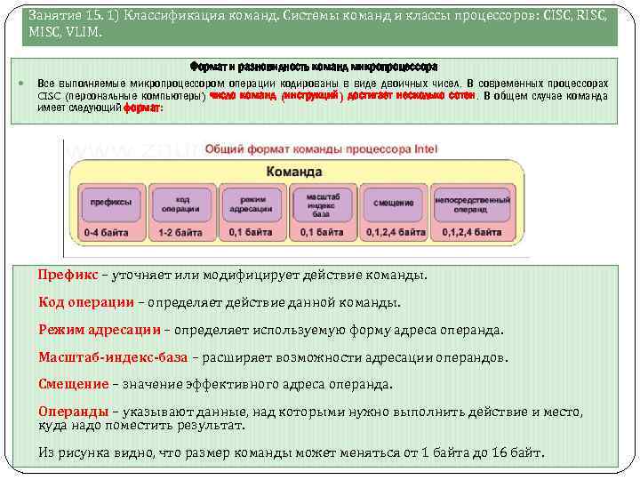 Занятие 15. 1) Классификация команд. Системы команд и классы процессоров: СISC, RISC, MISC, VLIM.