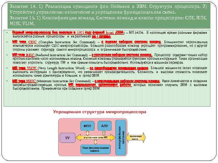 Занятие 14. 1) Реализация принципов фон Неймана в ЭВМ. Структура процессора. 2) Устройство управления: