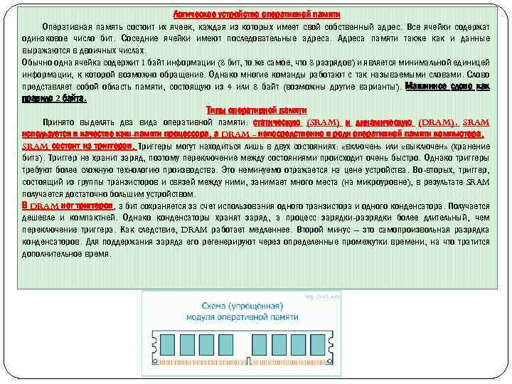 Логическое устройство оперативной памяти Оперативная память состоит их ячеек, каждая из которых имеет свой