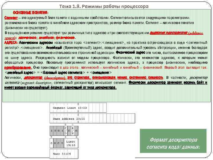 Тема 1. 9. Режимы работы процессора ОСНОВНЫЕ ПОНЯТИЯ: Сегмент – это адресуемый блок памяти