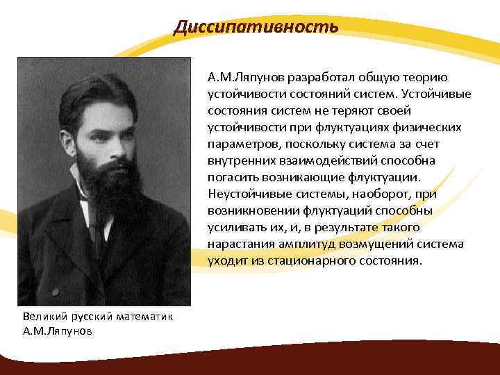 Диссипативность А. М. Ляпунов разработал общую теорию устойчивости состояний систем. Устойчивые состояния систем не