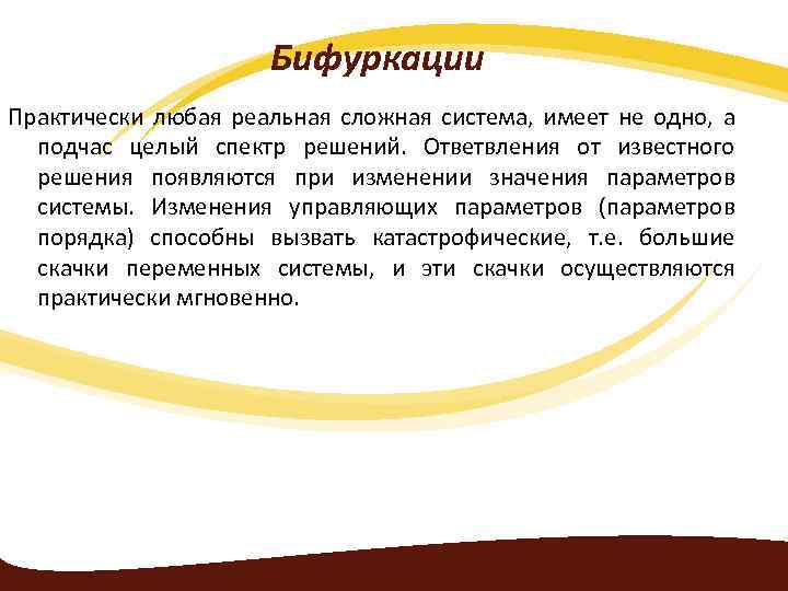 Бифуркации Практически любая реальная сложная система, имеет не одно, а подчас целый спектр решений.