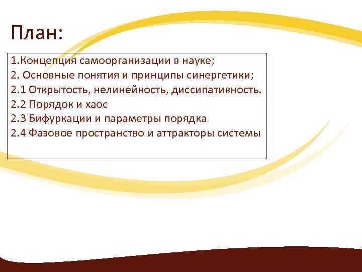 План: 1. Концепция самоорганизации в науке; 2. Основные понятия и принципы синергетики; 2. 1