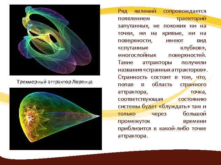 Трехмерный аттрактор Лоренца Ряд явлений сопровождается появлением траекторий запутанных, не похожих ни на точки,