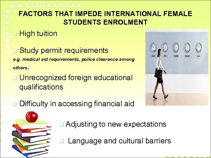 FACTORS THAT IMPEDE INTERNATIONAL FEMALE STUDENTS ENROLMENT q High tuition q Study permit requirements