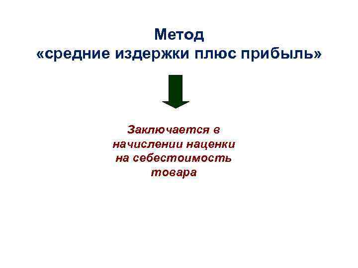 Метод «средние издержки плюс прибыль» Заключается в начислении наценки на себестоимость товара 