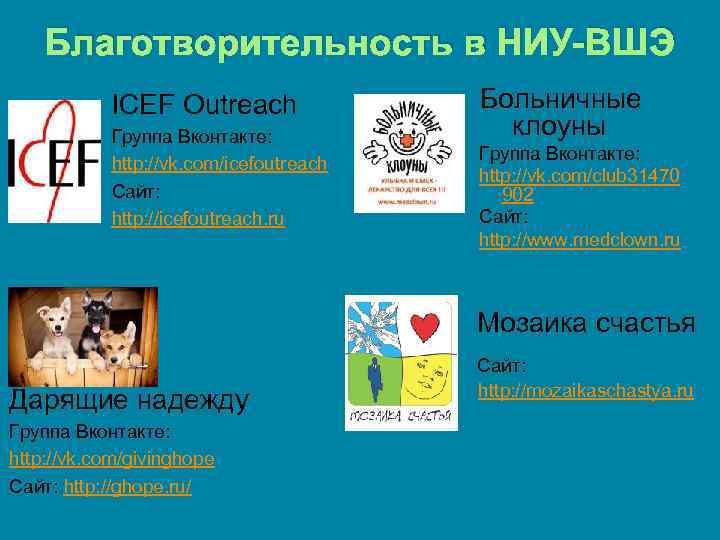 Благотворительность в НИУ-ВШЭ ICEF Outreach Группа Вконтакте: http: //vk. com/icefoutreach Сайт: http: //icefoutreach. ru