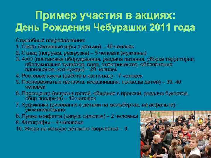 Пример участия в акциях: День Рождения Чебурашки 2011 года Служебные подразделения: 1. Спорт (активные