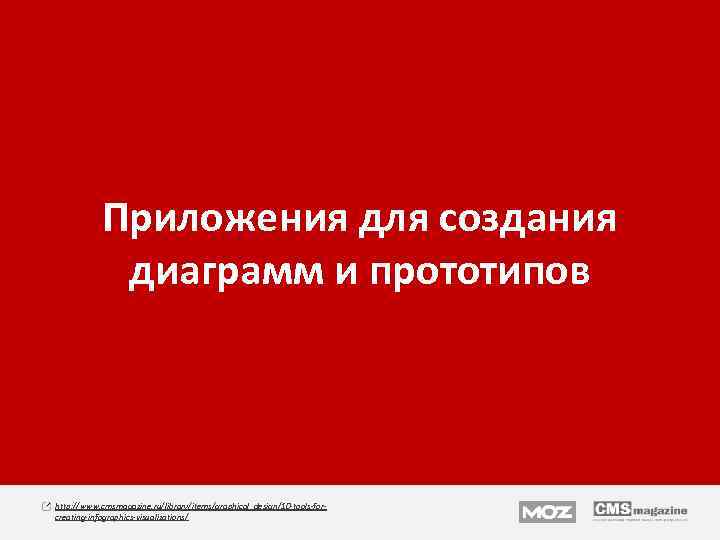 Приложения для создания диаграмм и прототипов http: //www. cmsmagazine. ru/library/items/graphical_design/10 -tools-forcreating-infographics-visualizations/ 