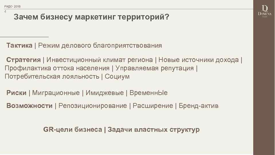 РИДО 2016 4 Зачем бизнесу маркетинг территорий? Тактика | Режим делового благоприятствования Стратегия |