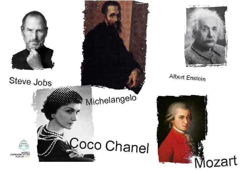 Albert Enstein Steve Jobs chelangelo Mi C o c o Chanel Mozar t 