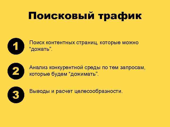 Поисковый трафик 1 Поиск контентных страниц, которые можно “дожать”. 2 Анализ конкурентной среды по