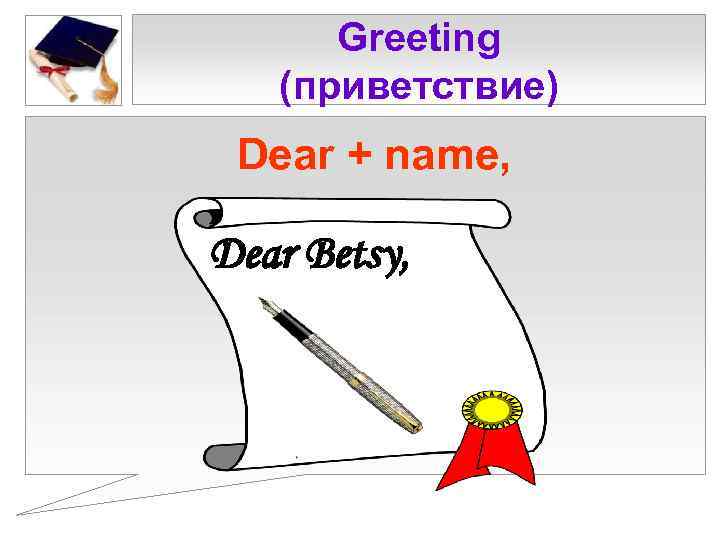 Greeting (приветствие) Dear + name, Dear Betsy, 
