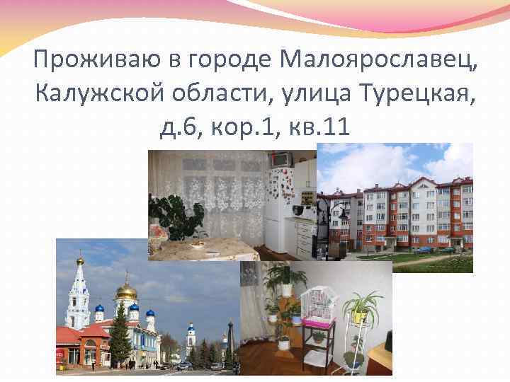 Проживаю в городе Малоярославец, Калужской области, улица Турецкая, д. 6, кор. 1, кв. 11