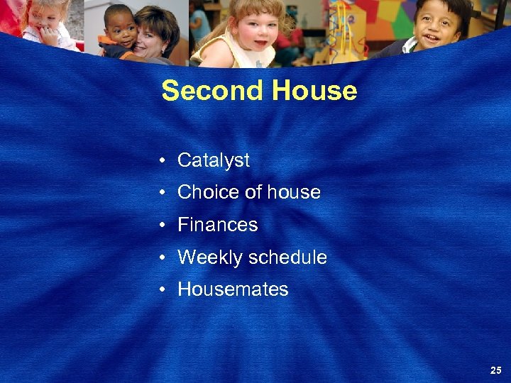 Second House • Catalyst • Choice of house • Finances • Weekly schedule •