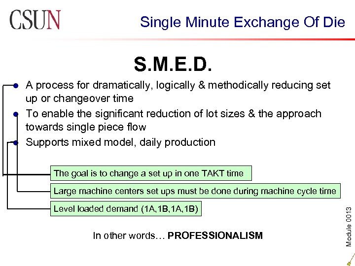 Single Minute Exchange Of Die S. M. E. D. A process for dramatically, logically