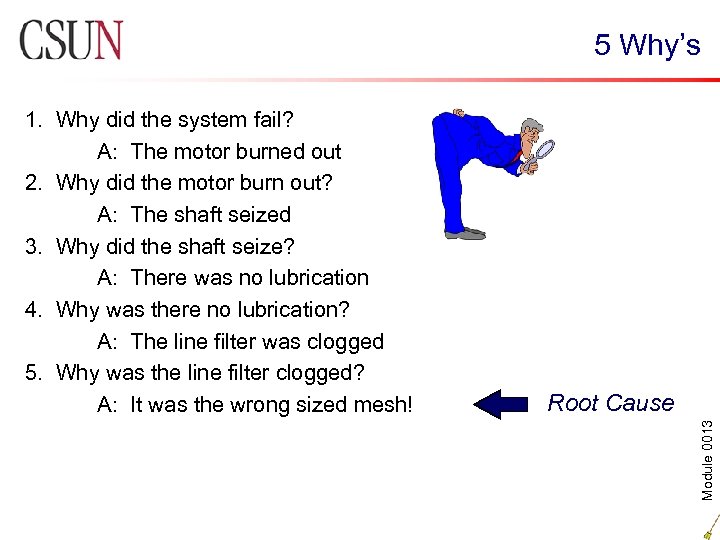 5 Why’s Root Cause Module 0013 1. Why did the system fail? A: The