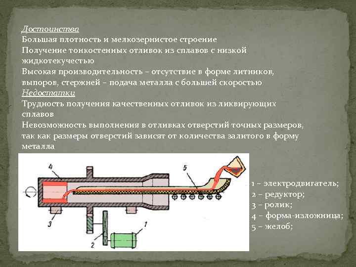 Достоинства Большая плотность и мелкозернистое строение Получение тонкостенных отливок из сплавов с низкой жидкотекучестью