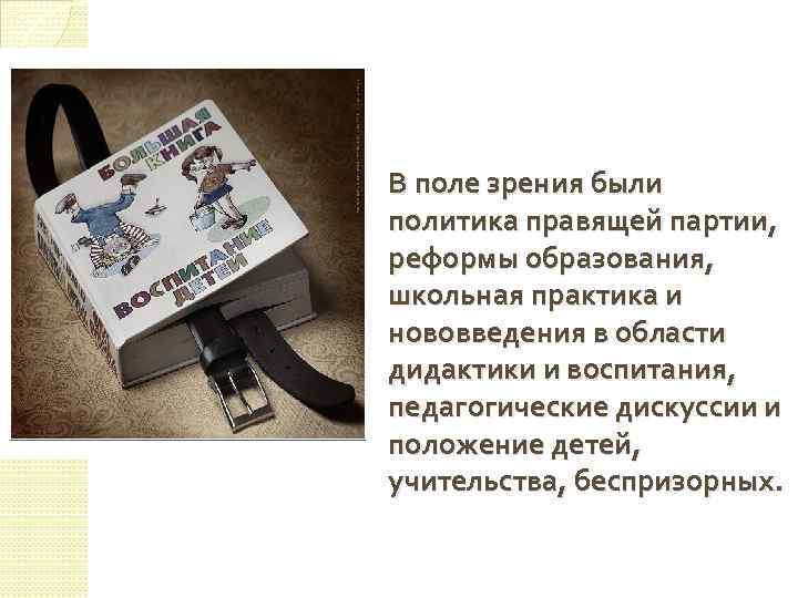 В поле зрения были политика правящей партии, реформы образования, школьная практика и нововведения в