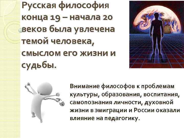 Русская философия конца 19 – начала 20 веков была увлечена темой человека, смыслом его