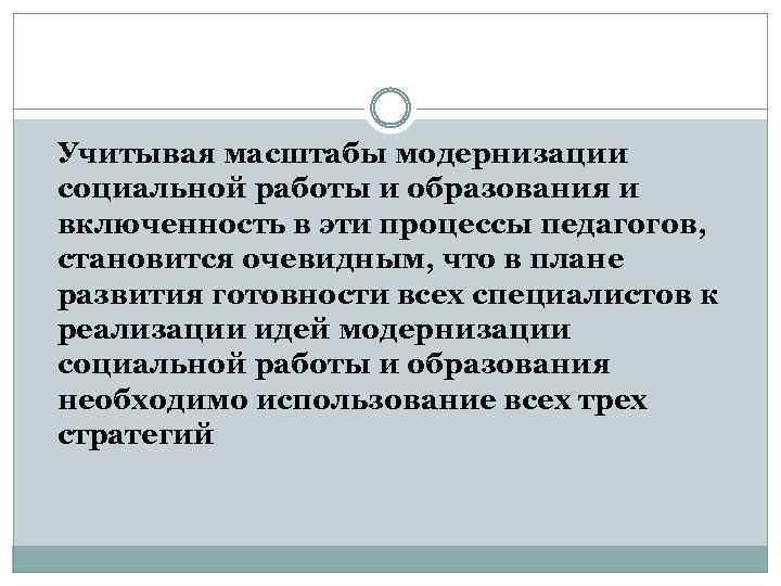 Учитывая масштабы модернизации социальной работы и образования и включенность в эти процессы педагогов, становится