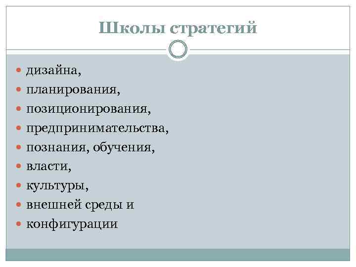 Школы стратегий дизайна, планирования, позиционирования, предпринимательства, познания, обучения, власти, культуры, внешней среды и конфигурации