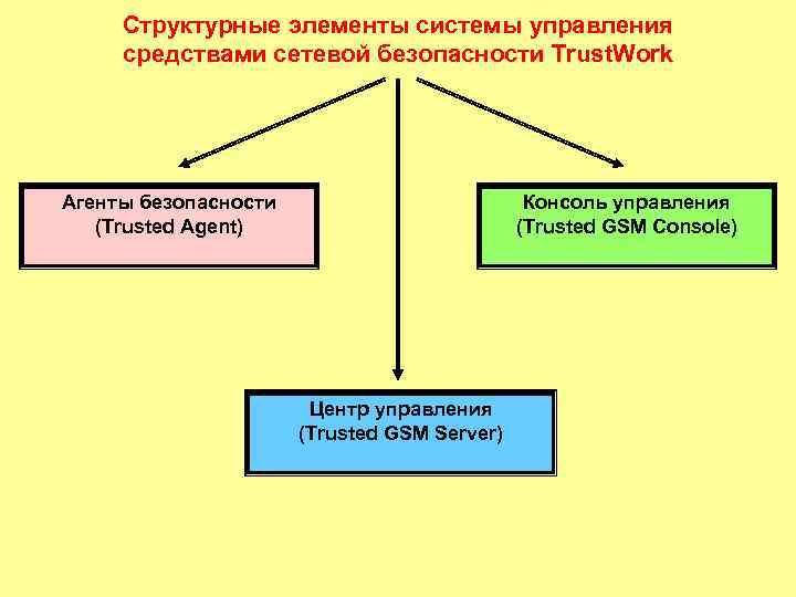 Структурные элементы системы управления средствами сетевой безопасности Trust. Work Агенты безопасности (Trusted Agent) Консоль