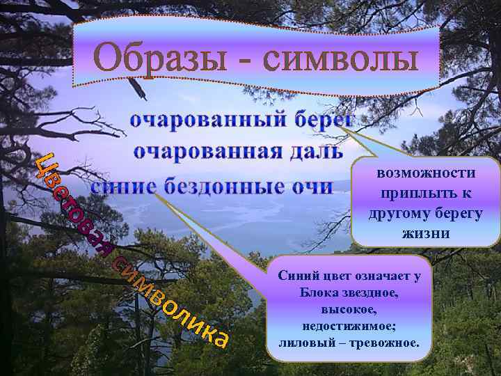 Образы - символы возможности приплыть к другому берегу жизни Синий цвет означает у Блока