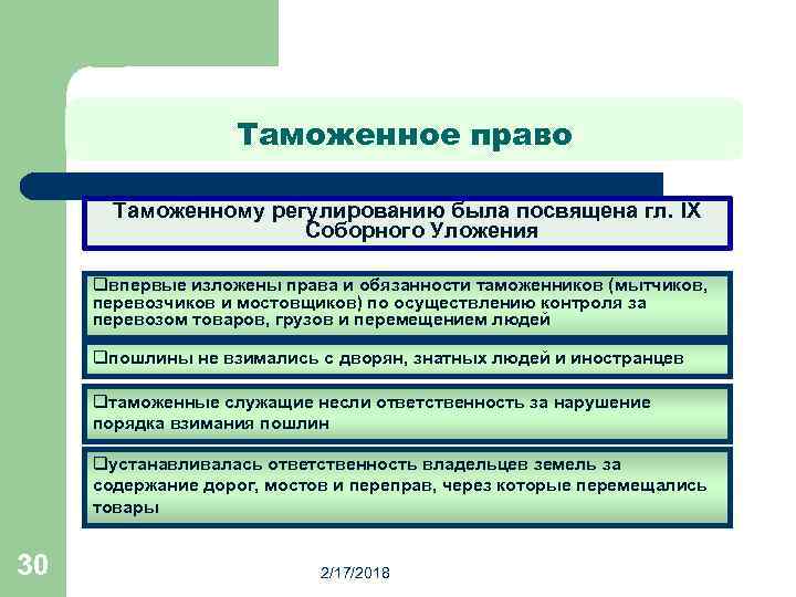 Таможенное право Таможенному регулированию была посвящена гл. IX Соборного Уложения qвпервые изложены права и