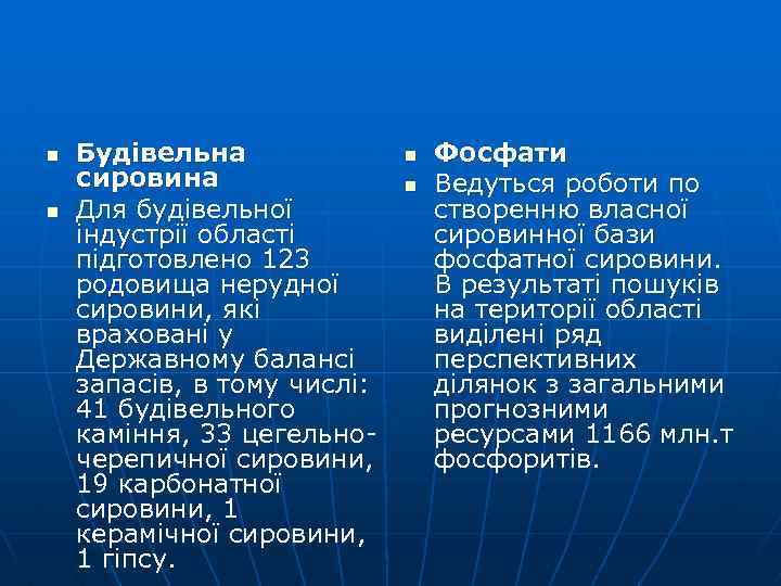 n n Будівельна сировина Для будівельної індустрії області підготовлено 123 родовища нерудної сировини, які
