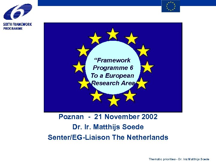 “Framework Programme 6 To a European Research Area Poznan - 21 November 2002 Dr.
