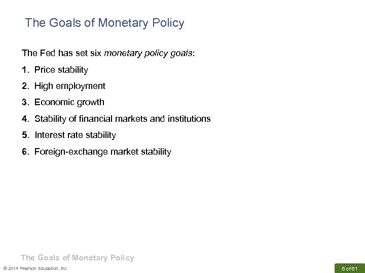 The Goals of Monetary Policy The Fed has set six monetary policy goals: 1.