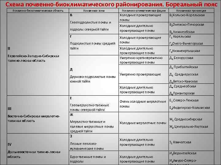 Схема почвенно-биоклиматического районирования. Бореальный пояс Почвенно-биоклиматическая область Почвенная зона В Глееподзолистые почвы и подзолы