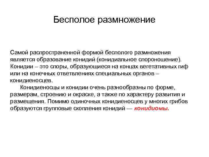 Конидиальное спороношени. Биоэкологические особенности это.