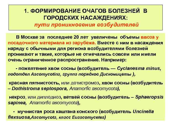 1. ФОРМИРОВАНИЕ ОЧАГОВ БОЛЕЗНЕЙ В ГОРОДСКИХ НАСАЖДЕНИЯХ: пути проникновения возбудителей В Москве за последнее