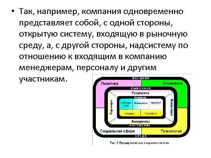  • Так, например, компания одновременно представляет собой, с одной стороны, открытую систему, входящую