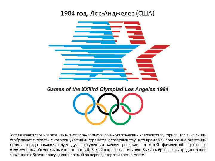 1984 год, Лос-Анджелес (США) Звезда является универсальным символом самых высоких устремлений человечества, горизонтальные линии