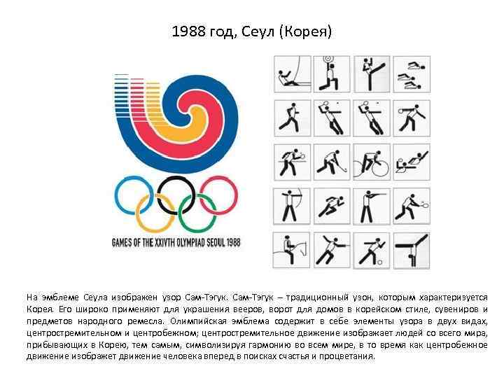 1988 год, Сеул (Корея) На эмблеме Сеула изображен узор Сам-Тэгук – традиционный узон, которым