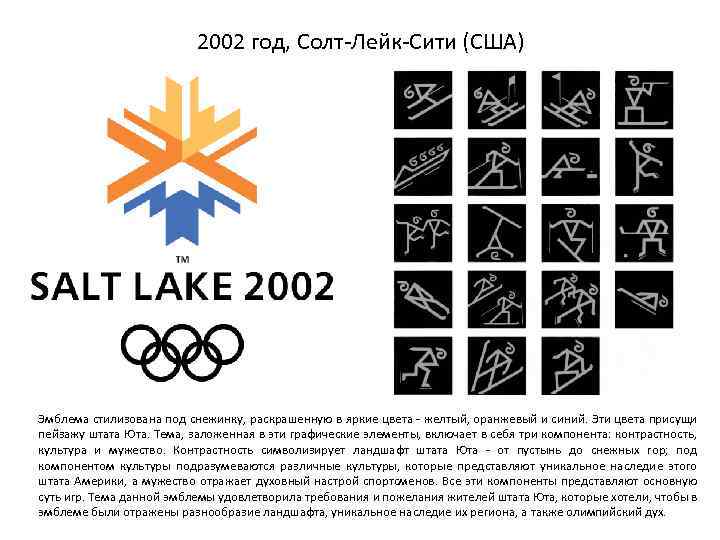 2002 год, Солт-Лейк-Сити (США) Эмблема стилизована под снежинку, раскрашенную в яркие цвета - желтый,