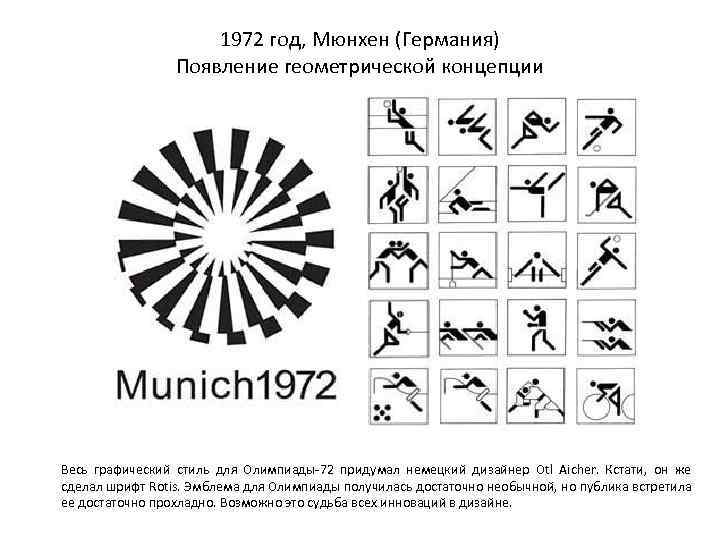 1972 год, Мюнхен (Германия) Появление геометрической концепции Весь графический стиль для Олимпиады-72 придумал немецкий