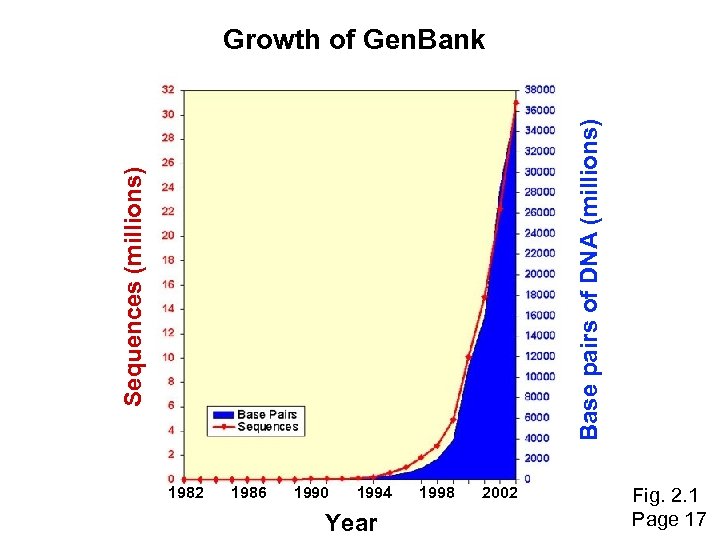 Sequences (millions) Base pairs of DNA (millions) Growth of Gen. Bank 1982 1986 1990