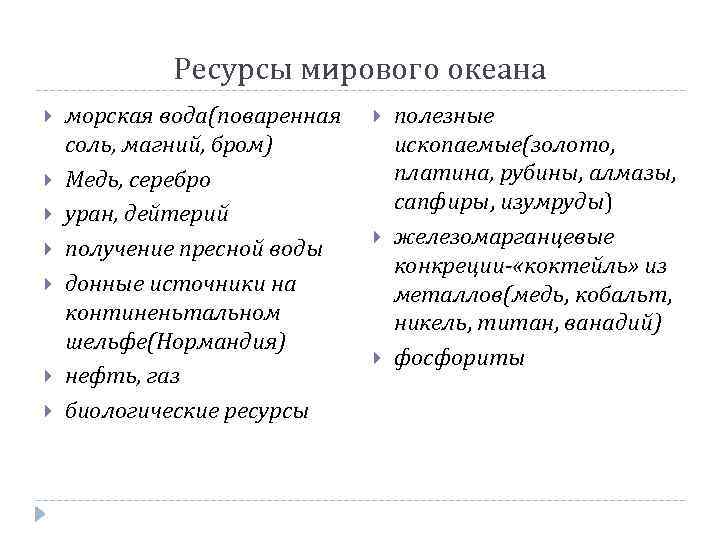 Ресурсы мирового океана морская вода(поваренная соль, магний, бром) Медь, серебро уран, дейтерий получение пресной